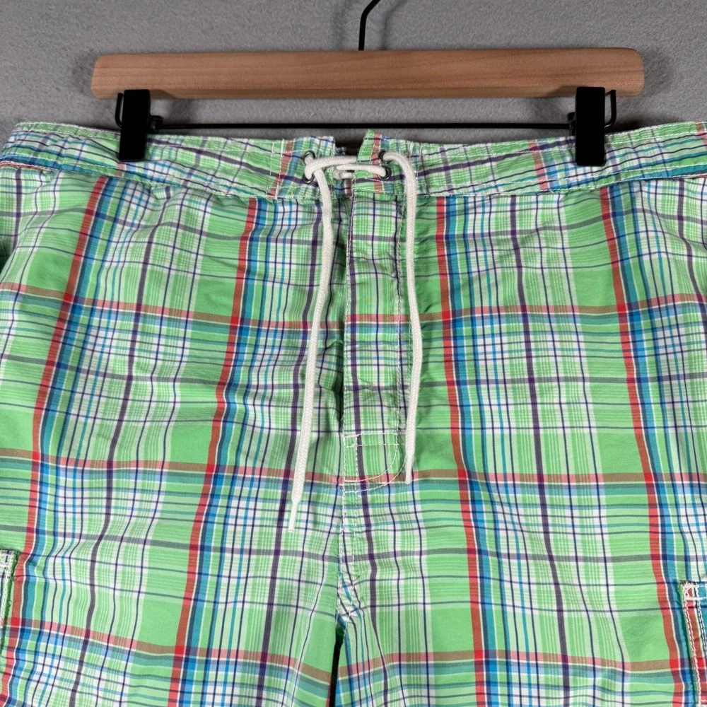 Vintage Polo Ralph Lauren Mens Green Plaid‎ Cargo Shorts Size 36 Drawstring
